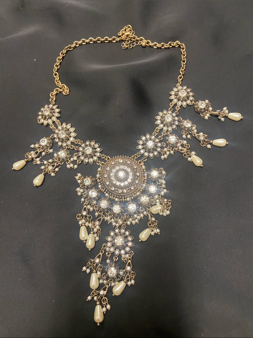 Antique Gold-Tone Floral Cascade Necklace with Pearl Drops